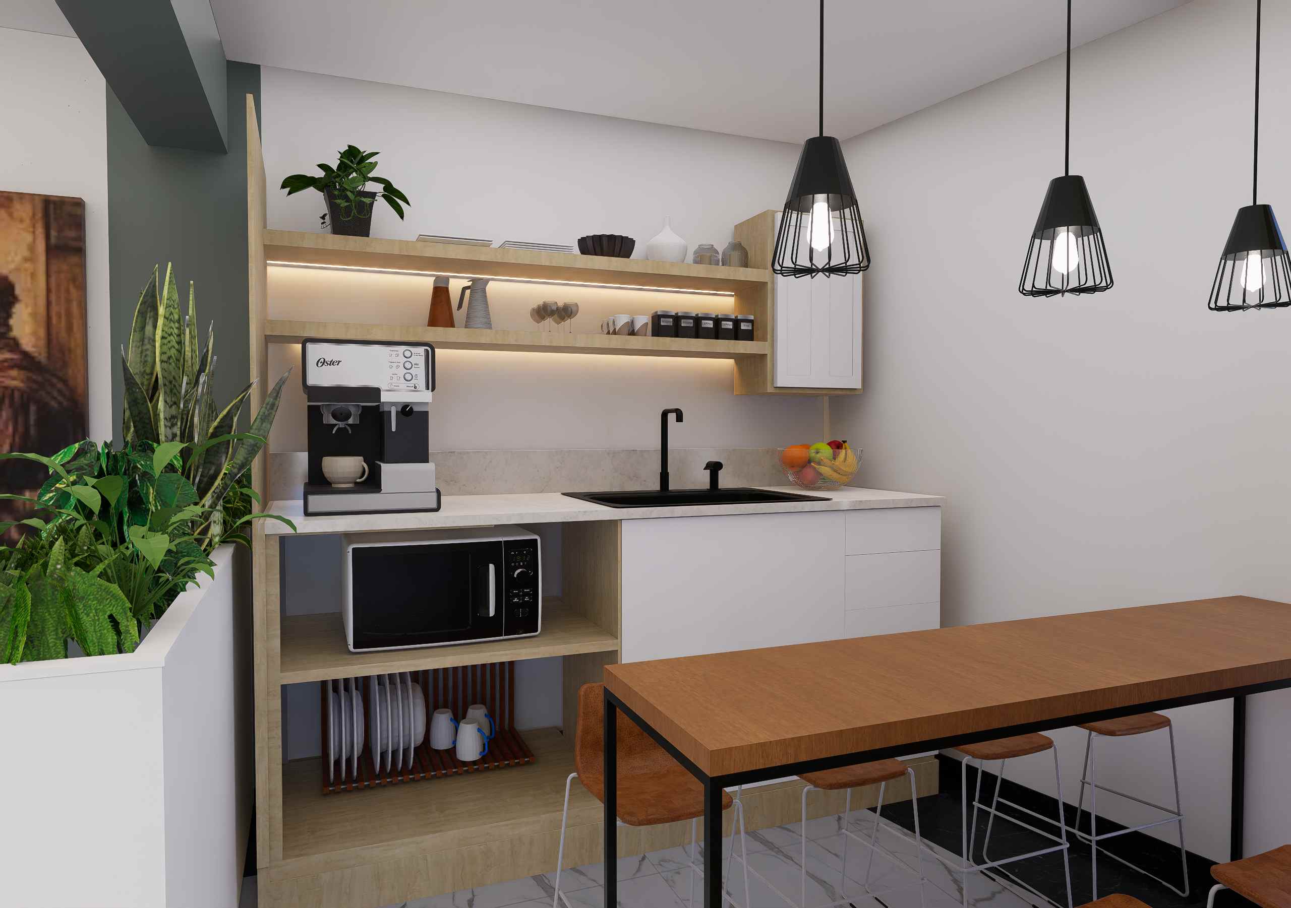 Modern kitchen area with coffee station and dining space