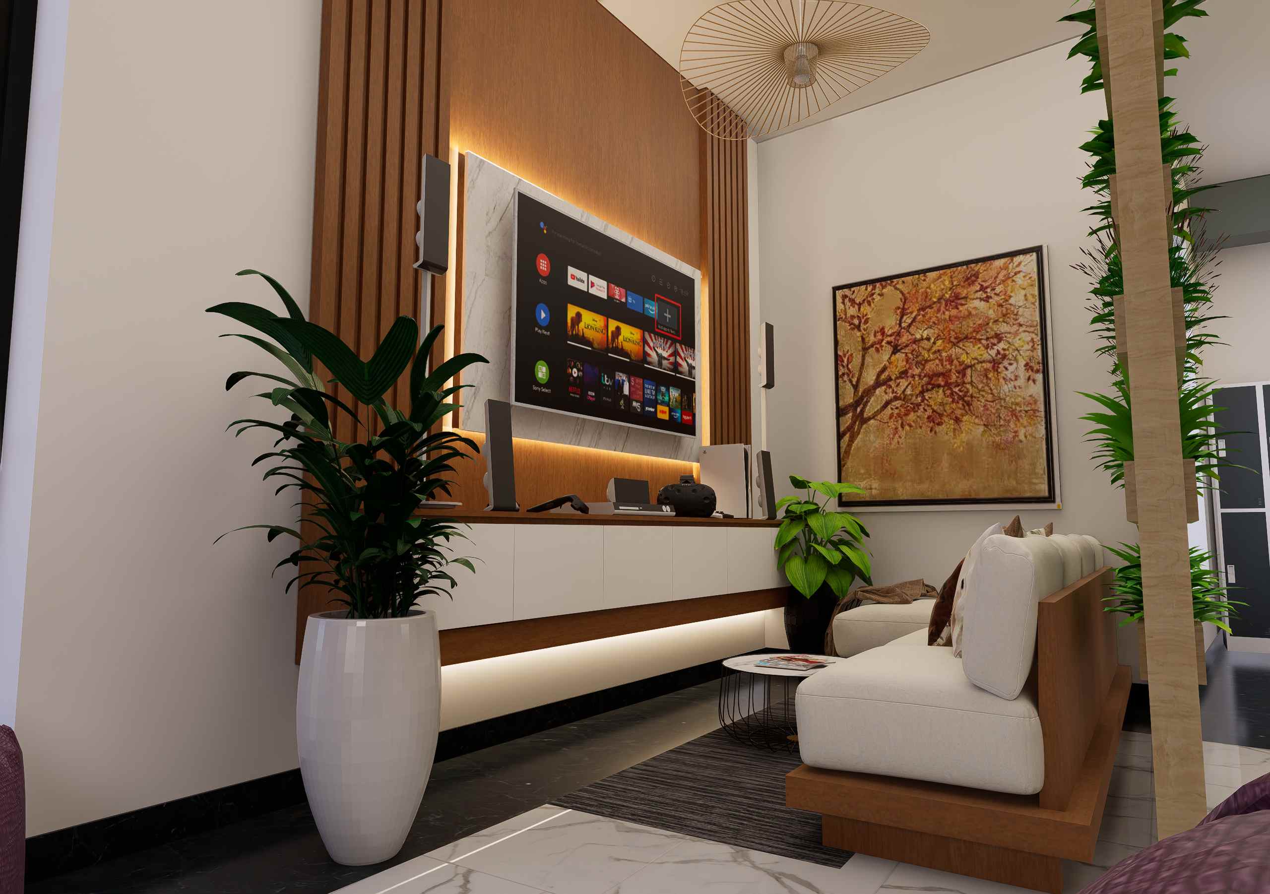 Comfortable lounge area with modern seating and entertainment center