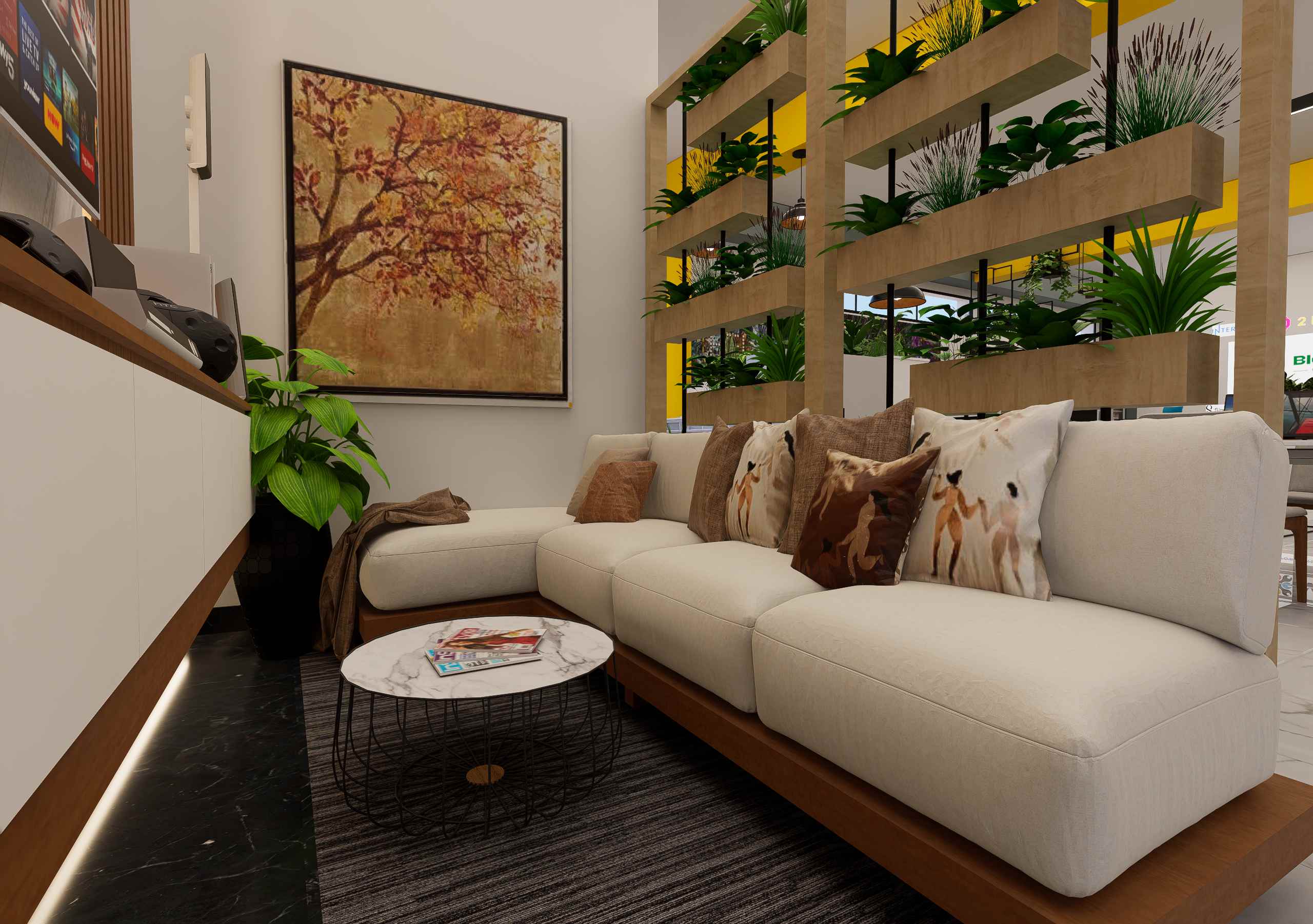 Additional lounge space with cozy seating and natural plants