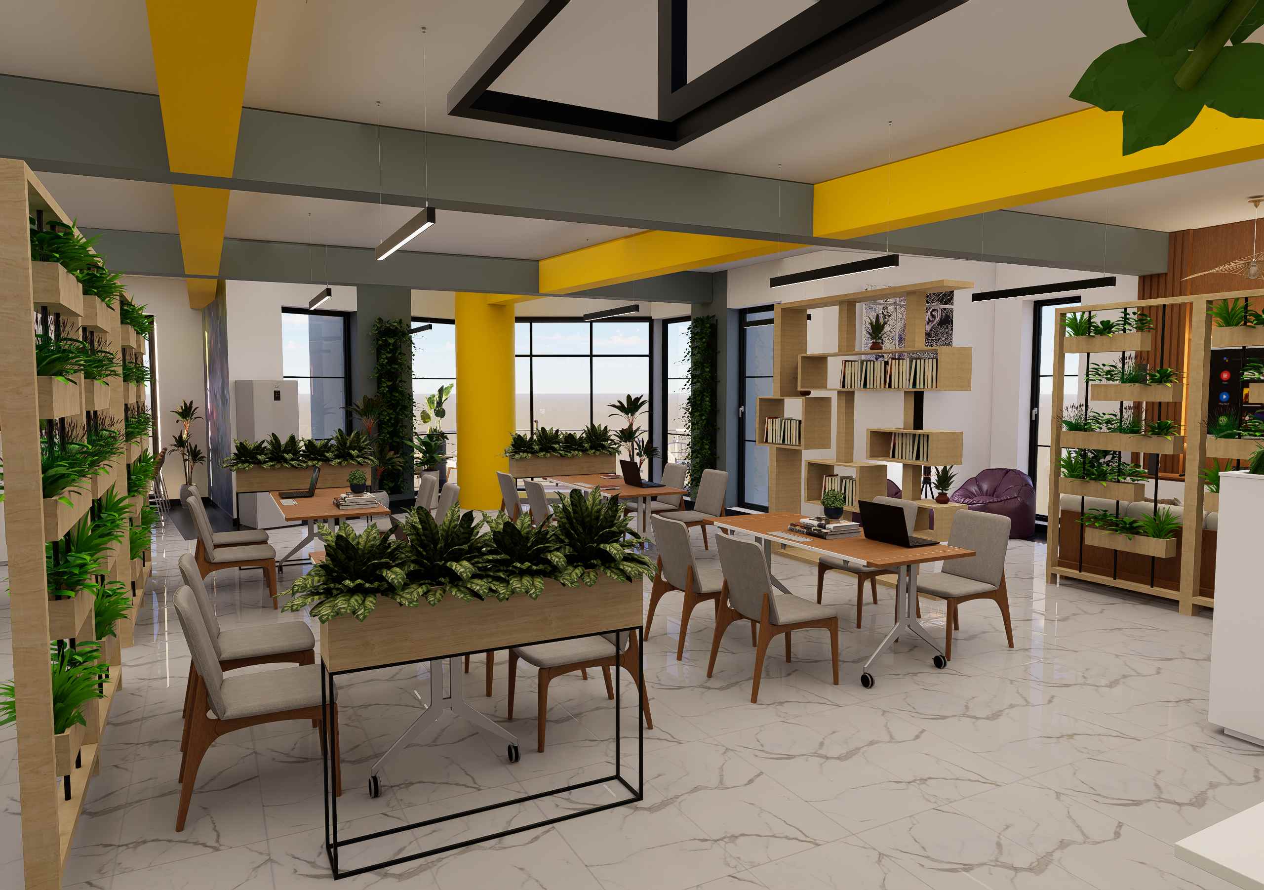 Collaborative workspace with meeting tables and modern design