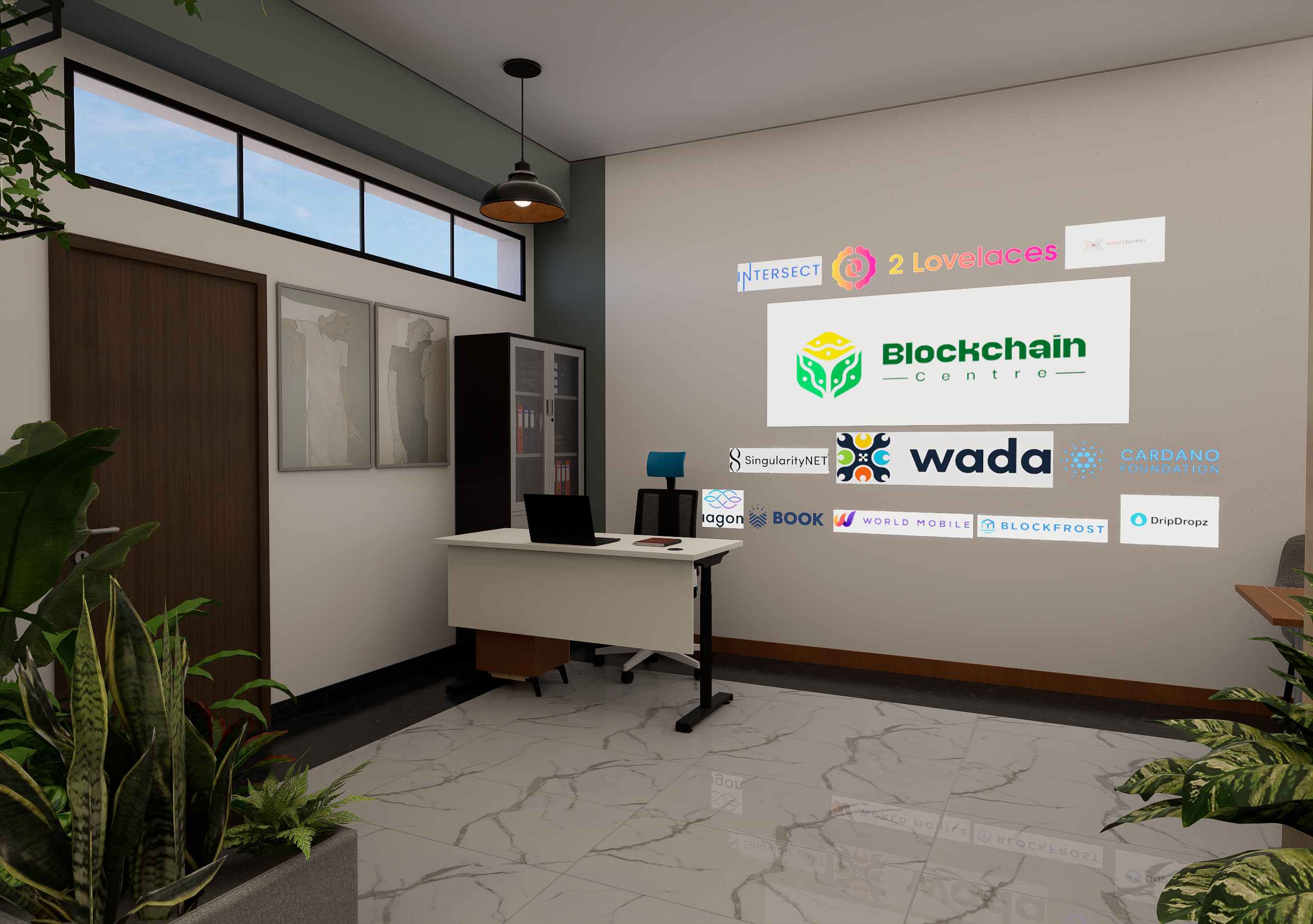 Reception area showcasing blockchain company partnerships